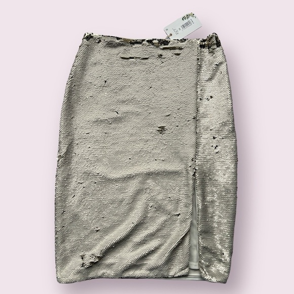 Chelsea & Violet Cream and Gold Flip Sequin Midi Skirt 10 - Picture 1 of 14